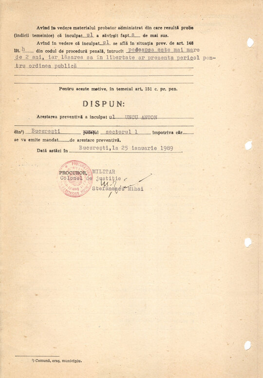 Ordonanță de arestare preventivă emisă pe numele lui Anton Uncu 25.01.1989