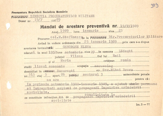 Mandatul de arestare al Elenei Gheorghe 25.01.1989