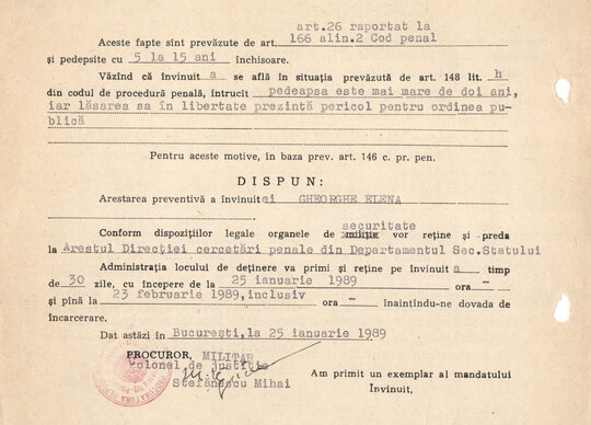 Mandatul de arestare al Elenei Gheorghe 25.01.1989