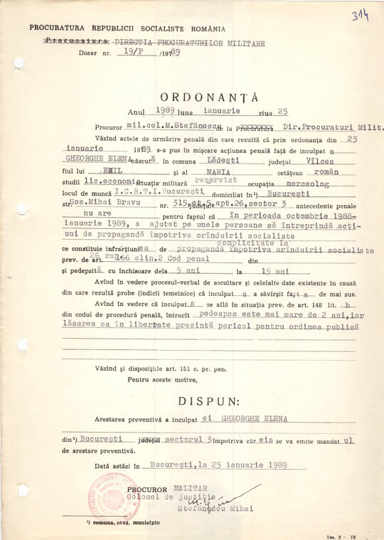 Ordonanța de arestare preventivă a Elenei Gheorghe 25.01.1989