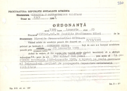 Ordonanța de punere în mișcare a acțiunii penale împotriva Elenei Gheorghe 25.01.1989