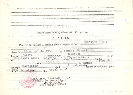 Ordonanța de punere în mișcare a acțiunii penale împotriva Elenei Gheorghe 25.01.1989