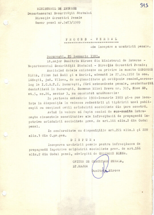 Proces verbal de începere a urmăririi penale împotriva Elenei Gheorghe 25.01.1989