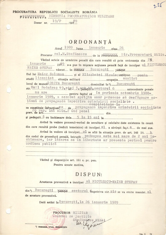 Ordonanța de arestare preventivă a lui Ștefan Niculescu Maier 26.01.1989