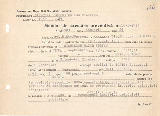 Mandat de arestare preventivă Ștefan Niculescu Maier 26.01.1989