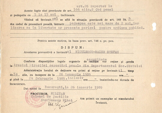 Mandat de arestare preventivă Ștefan Niculescu Maier 26.01.1989