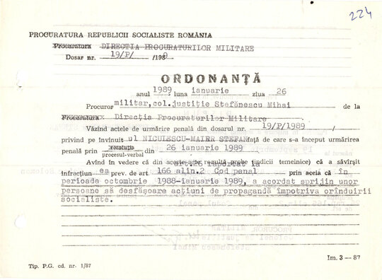 Ordonanța de punere în mișcare a acțiunii penale împotriva lui Ștefan Niculescu Maier 26.01.1989