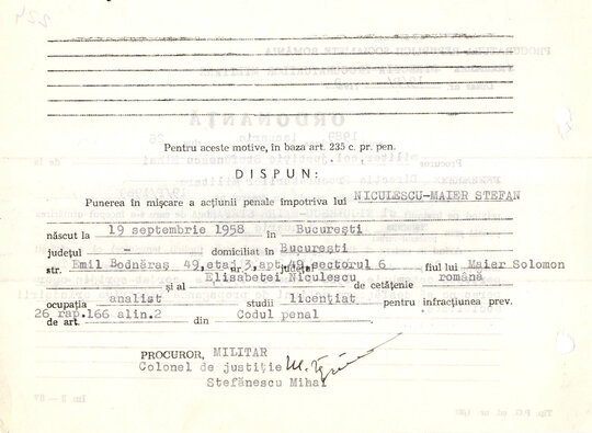 Ordonanța de punere în mișcare a acțiunii penale împotriva lui Ștefan Niculescu Maier 26.01.1989