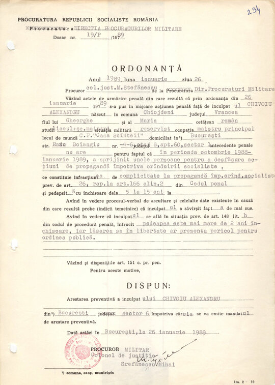 Ordonanța de arestare preventivă emisă pe numele lui Alexandru Chivoiu 26.01.1989