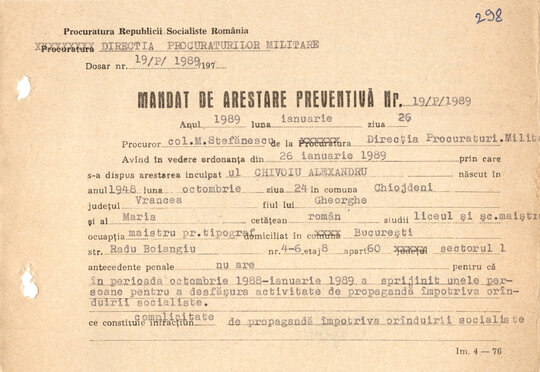 Mandat de arestare preventivă emis pe numele lui Alexandru Chivoiu 26.01.1989