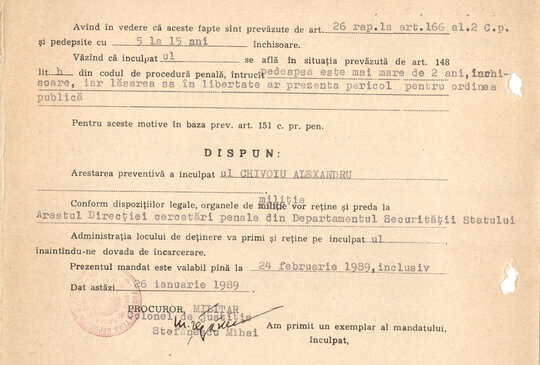 Mandat de arestare preventivă emis pe numele lui Alexandru Chivoiu 26.01.1989