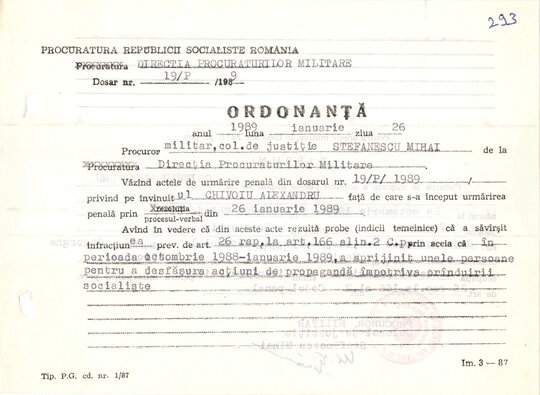 Ordonanță de punere în mișcare a acțiunii penale împotriva lui Alexandru Chivoiu 26.01.1989