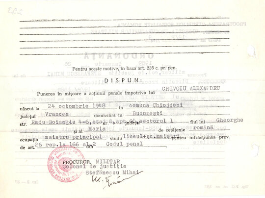 Ordonanță de punere în mișcare a acțiunii penale împotriva lui Alexandru Chivoiu 26.01.1989