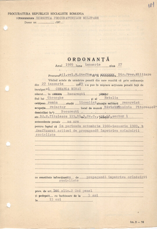 Ordonanța de arestare preventivă emisă pe numele lui Mihai Creangă 27.01.1989
