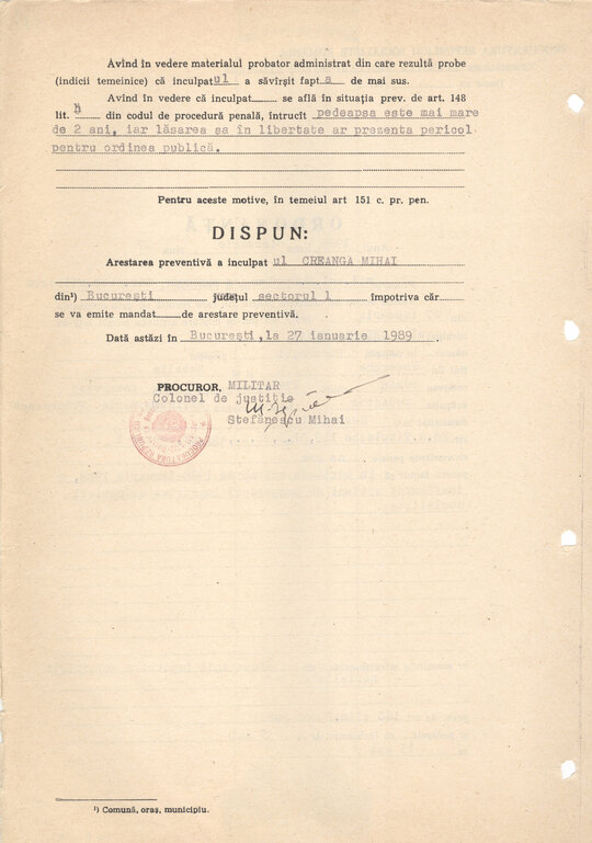 Ordonanța de arestare preventivă emisă pe numele lui Mihai Creangă 27.01.1989