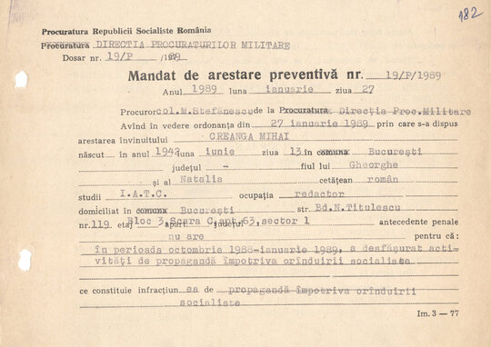 Mandat de arestare preventivă emis pe numele lui Mihai Creangă 27.01.1989