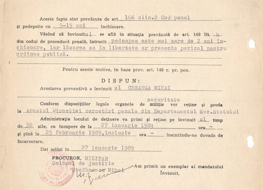 Mandat de arestare preventivă emis pe numele lui Mihai Creangă 27.01.1989
