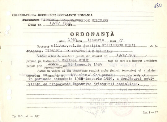 Ordonanța de punere în mișcare a acțiunii penale împotriva lui Mihai Creangă 27.01.1989