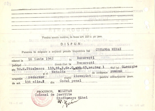 Ordonanța de punere în mișcare a acțiunii penale împotriva lui Mihai Creangă 27.01.1989