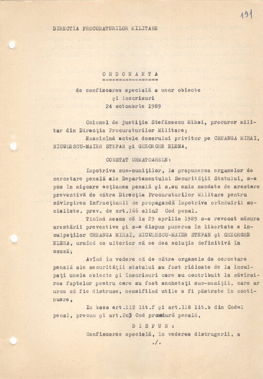 Ordonanța de confiscare specială a tiparniței și ziarului clandestin (printre altele) 24.10.1989