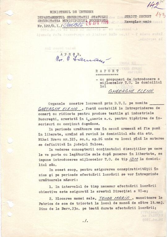 Raport privind introducerea mijloacelor T.O. la locuința Elenei Gheorghe 26.04.1989