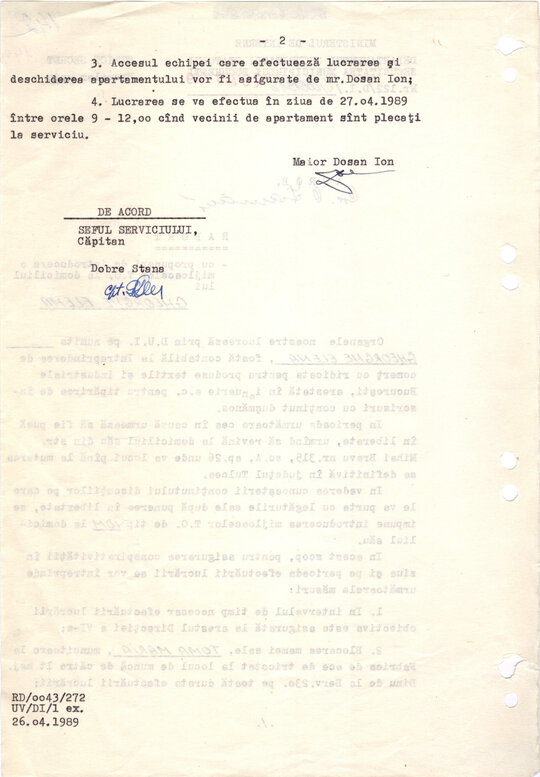 Raport privind introducerea mijloacelor T.O. la locuința Elenei Gheorghe 26.04.1989