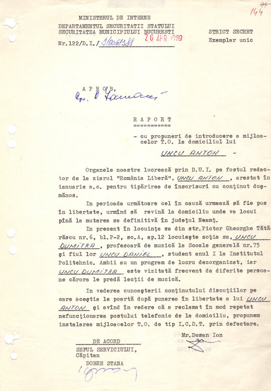 Raport privind introducerea mijloacelor T.O. la locuința lui Anton Uncu 26.04.1989