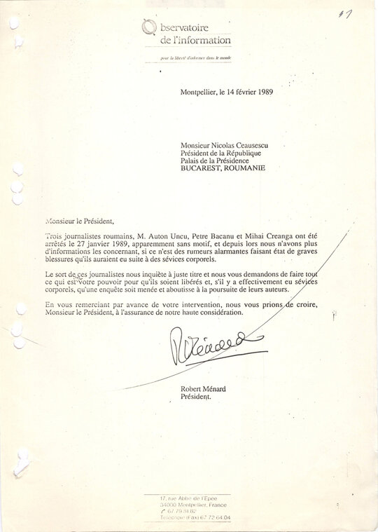 Scrisoarea de solidarizare cu grupul Petre Mihai Băcanu a lui Robert Menard (Observatoire de l'Information) 14.02.1989