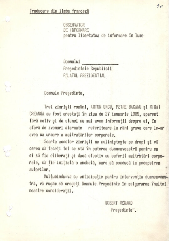 Scrisoarea de solidarizare cu grupul Petre Mihai Băcanu a lui Robert Menard (Observatoire de l'Information) 14.02.1989