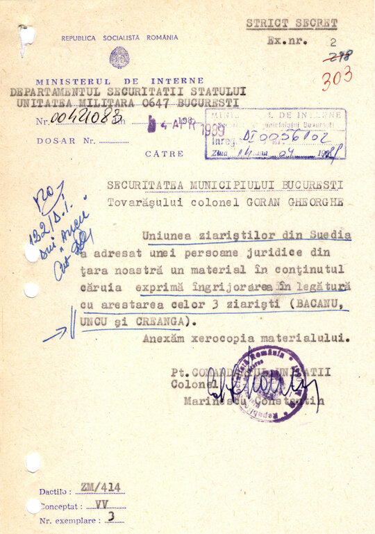 Adresă UM 0647 privind retragerea din circuit a unei scrisori de solidarizare cu jurnaliștii arestați 14.04.1989