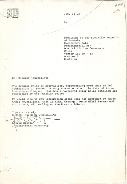 Scrisoare de solidarizare cu jurnaliștii arestați a Uniunii ziariștilor din Suedia 3.04.1989