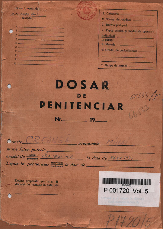 Coperta dosar de penitenciar Mihai Creangă