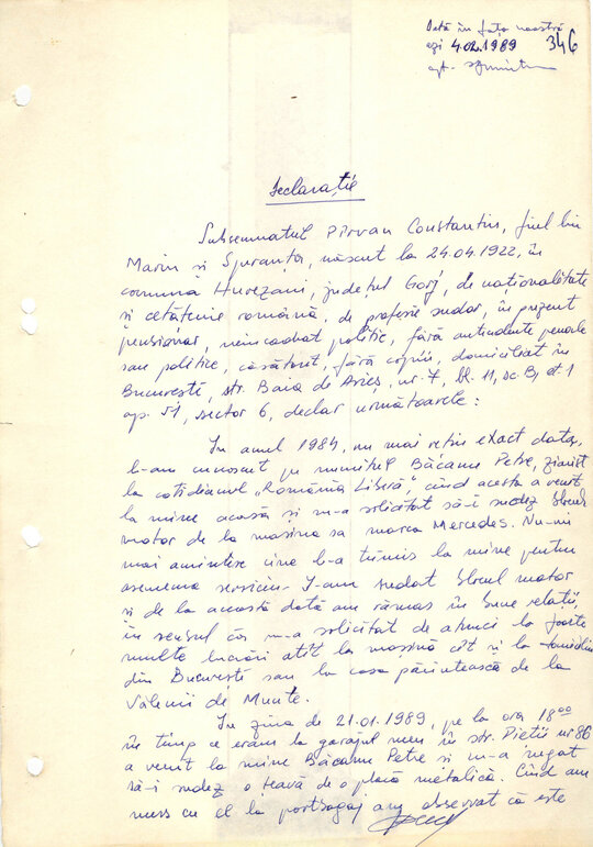Declarație Constantin Pârvan, sudor, l-a ajutat pe Petre Mihai Băcanu la realizarea tiparniței clandestine 2.02.1989