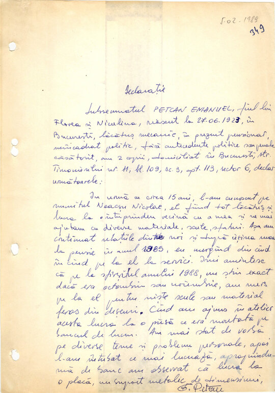 Declarație Emanuel Petcan, fost ilegalist comunist, care asocia tiparnița lui Petre Mihai Băcanu cu una din ilegalitate (5.02.1989)
