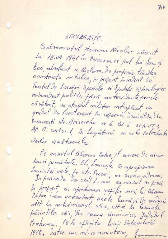 Declarație Nicolae Neacșu, cel care a construit tiparnița după planurile lui Petre Mihai Băcanu, aprox. începutul lunii februarie 1989
