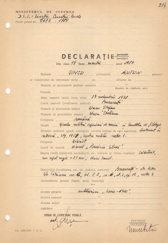 Declarație dată în ancheta Securității de Anton Uncu 19.03.1989