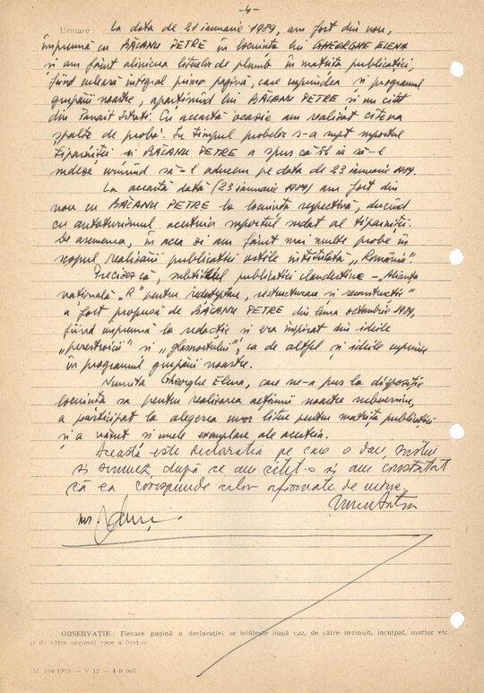 Declarație dată în ancheta Securității de Anton Uncu 19.03.1989