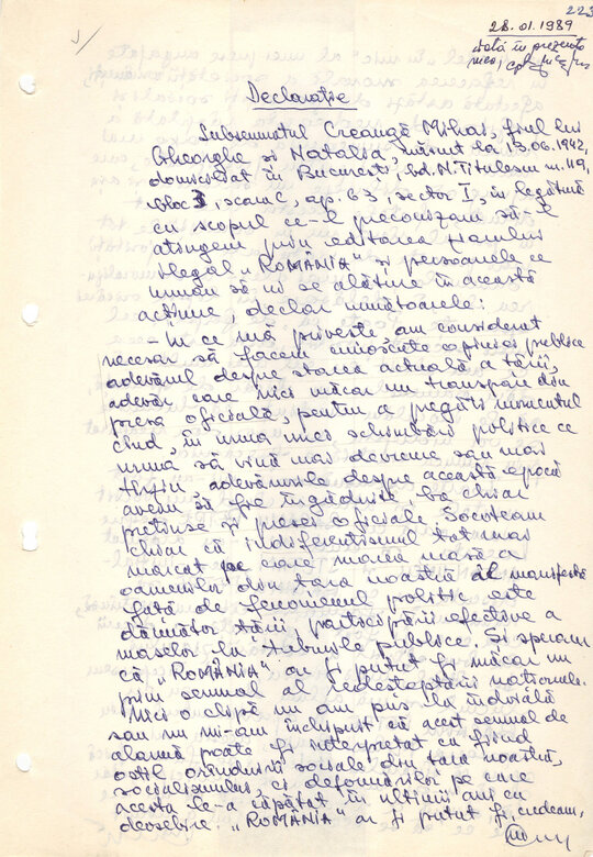 Declarație dată în ancheta Securității de Mihai Creangă 27.01.1989