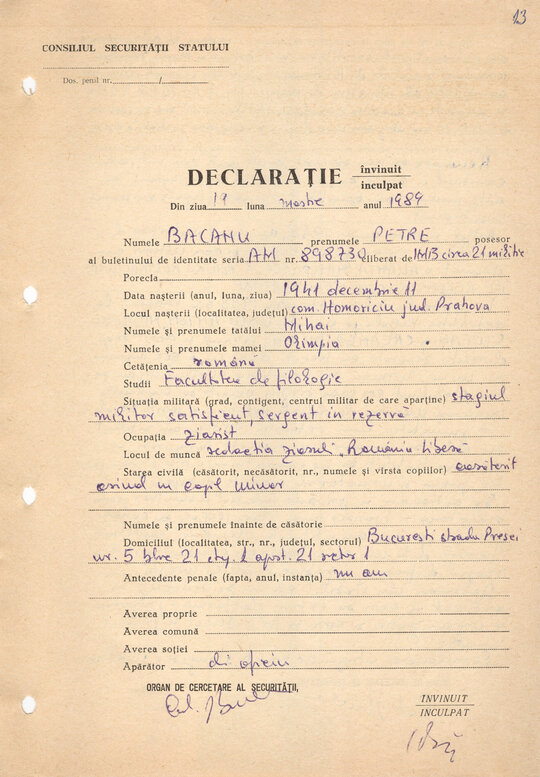 Declarație dată în ancheta Securității de Petre Mihai Băcanu 19.03.1989