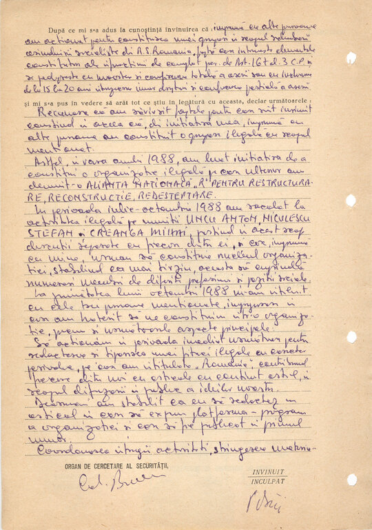 Declarație dată în ancheta Securității de Petre Mihai Băcanu 19.03.1989