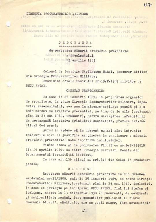 Ordonanță de revocare a măsurii arestării preventive emise pe numele lui Anton Uncu 29.04.1989