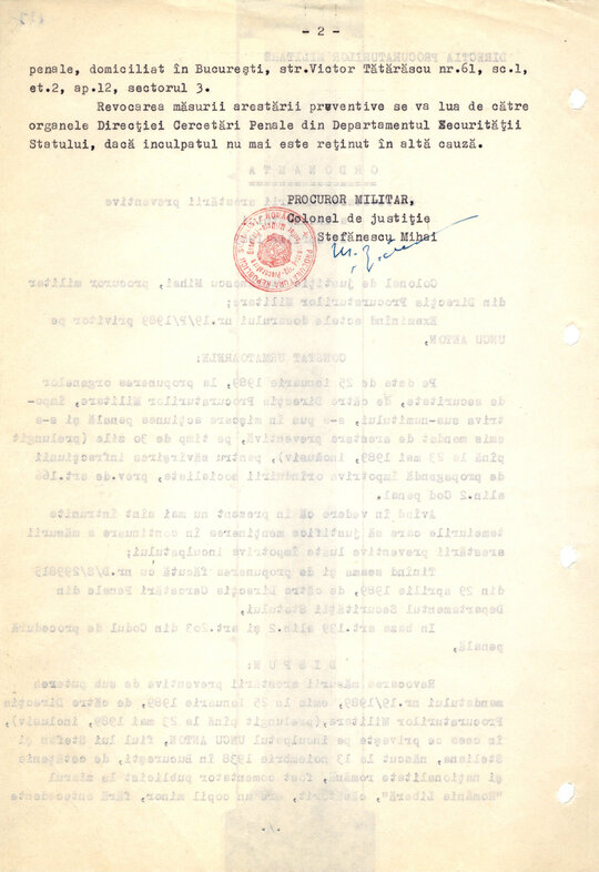 Ordonanță de revocare a măsurii arestării preventive emise pe numele lui Anton Uncu 29.04.1989
