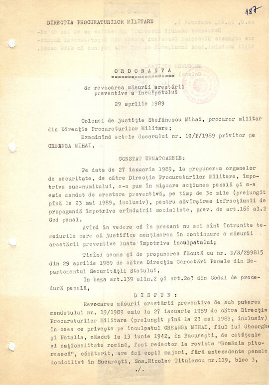 Ordonanță de revocare a măsurii arestării preventive emise pe numele lui Mihai Creangă 29.04.1989