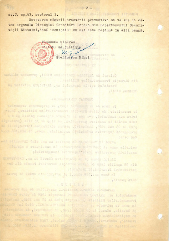 Ordonanță de revocare a măsurii arestării preventive emise pe numele lui Mihai Creangă 29.04.1989