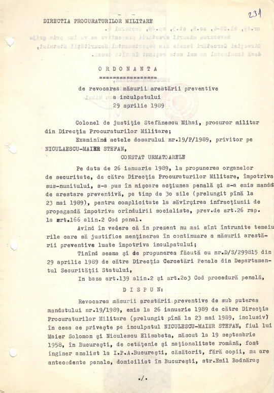 Ordonanță de revocare a măsurii arestării preventive emise pe numele lui Ștefan Niculescu Maier 29.04.1989