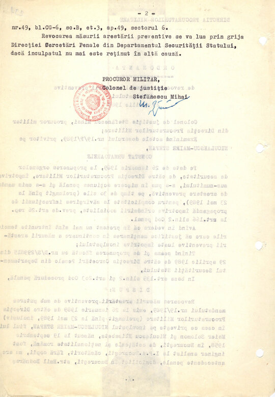 Ordonanță de revocare a măsurii arestării preventive emise pe numele lui Ștefan Niculescu Maier 29.04.1989