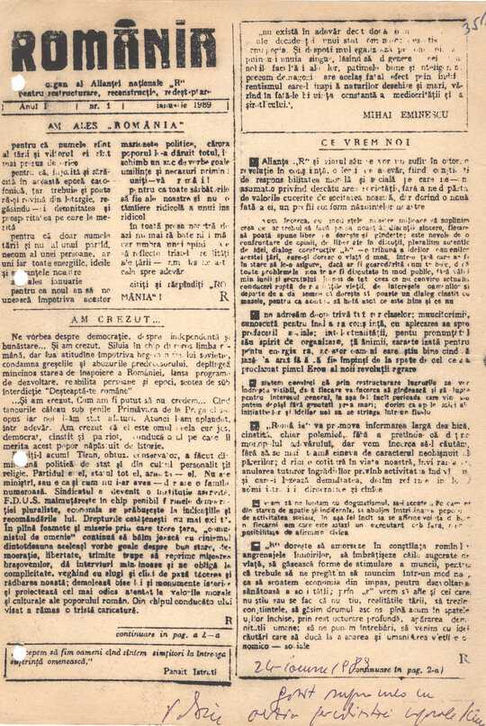 Ziarul clandestin „România”, variante de tipărire, șpalturi, confiscate în noaptea de 24.01.1989 de la Petre Mihai Băcanu
