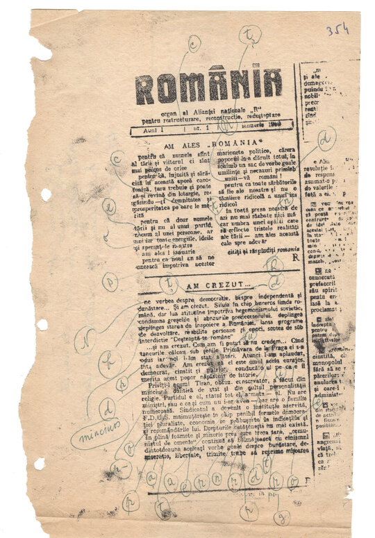 Ziarul clandestin „România”, variante de tipărire, șpalturi, confiscate în noaptea de 24.01.1989 de la Petre Mihai Băcanu
