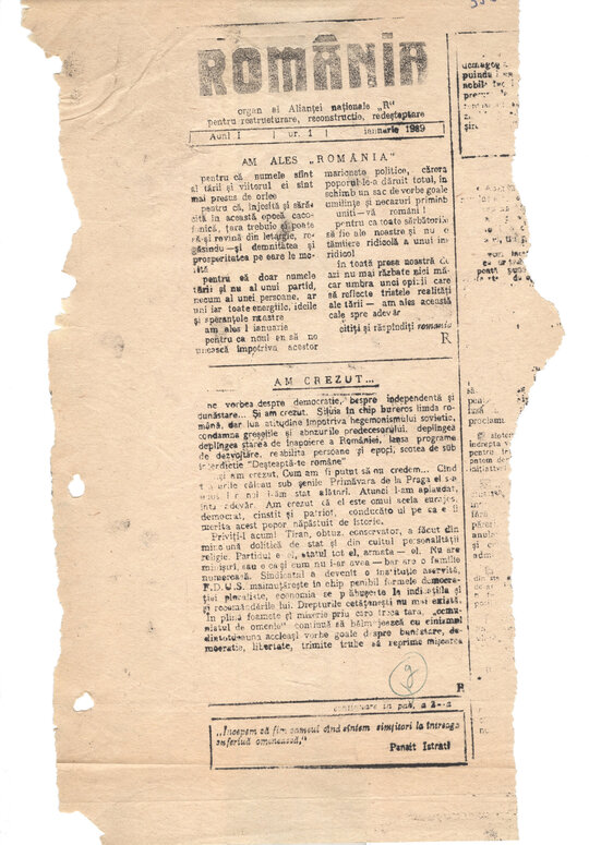 Ziarul clandestin „România”, variante de tipărire, șpalturi, confiscate în noaptea de 24.01.1989 de la Petre Mihai Băcanu