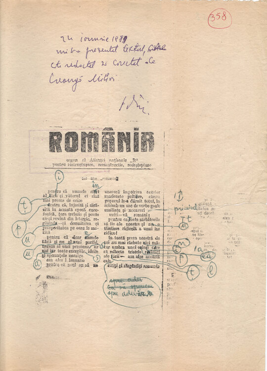 Ziarul clandestin „România”, variante de tipărire, șpalturi, confiscate în noaptea de 24.01.1989 de la Petre Mihai Băcanu